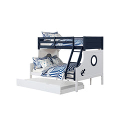 Twin Over Full Bunk Bed Modern Novelty Style Attached Ladder Upper Bed Rails And Lock Joint Structure For Safety Slat Kit Blue / White Finish