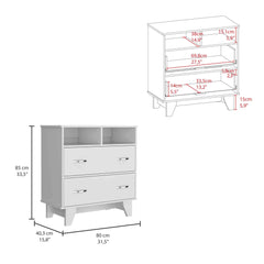 Armageddon Two Drawer Dresser, Two Open Shelves, Superior Top, Four Legs -White