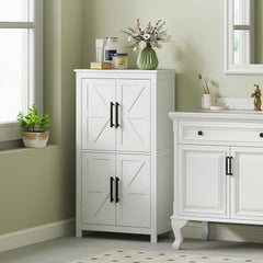Bathroom Floor Storage Cabinet, Farmhouse Bathroom Cabinet with 4 Doors and Adjustable Shelf, White