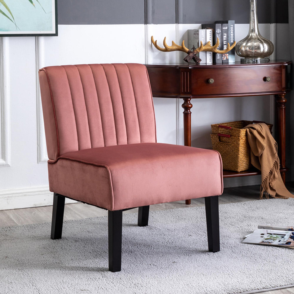 Venus Mid Century Modern Accent Chairs Set of 2 with Minimalist Design, Elegant Velvet Upholstery and Solid Wood Legs, Ideal for Living Room or Bedroom, Rose