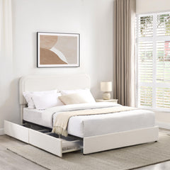 Quasar Queen Size Ivory Boucle Upholstered Platform Bed with Patented 4 Drawers Storage, Curved Stitched Tufted Headboard, Wooden Slat Mattress Support, No Box Spring Needed