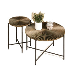 Nebula Pattern 2-Piece Coffee and End Table Set – Waterproof MDF with PVC Cover, Distressed Cylindrical Design, Black Metal Legs – Classic Rustic Charm, Dark Walnut
