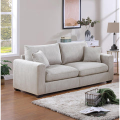 Classic Living Room 2pc Sofa Set Ivory Corduroy Sofa And Loveseat w Pillows Square Arms Plush Couch