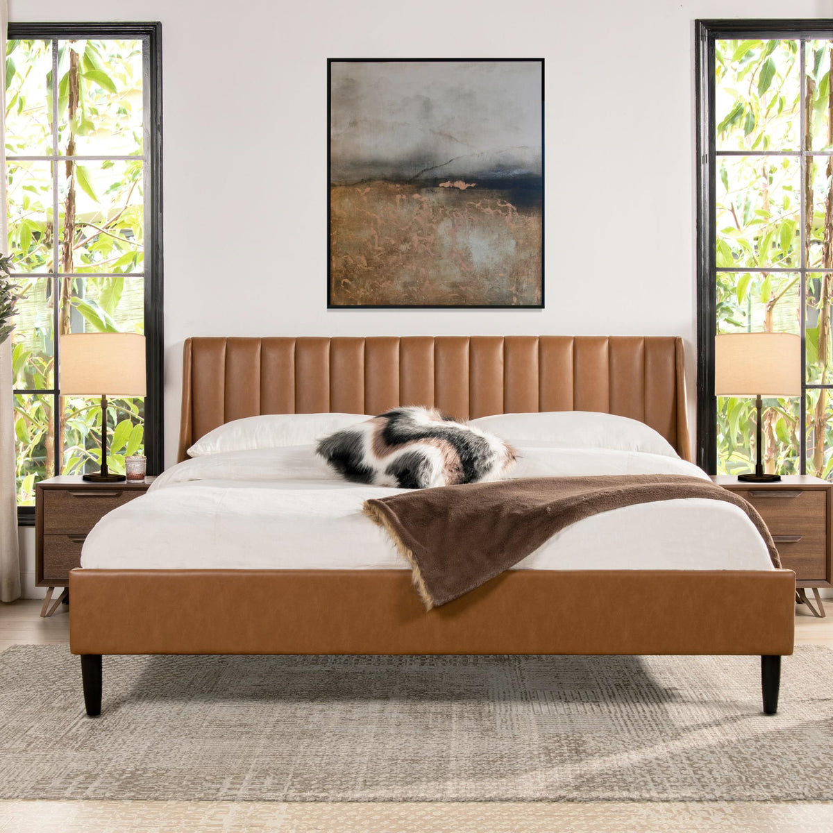 Camelot Vertical Tufted Headboard Platform Bed Set, King, Caramel Tan Brown Faux Leather