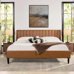 Camelot Vertical Tufted Headboard Platform Bed Set, King, Caramel Tan Brown Faux Leather