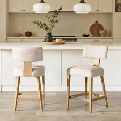 Hephaestus Round Arched Upholstered Counter Stool, Set of 2, Travertine Beige Chenille