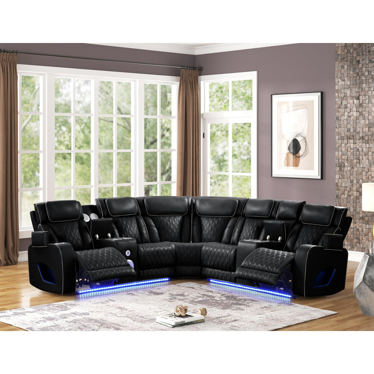 Hephaestus Modern Style power recliner sectional with Bluetooth speaker and LED made with wood & metal, Massage Function Included -Black