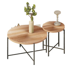 Nebula Pattern 2-Piece Coffee and End Table Set – Waterproof MDF with PVC Cover, Distressed Cylindrical Design, Black Metal Legs – Classic Rustic Charm, Red Cedar-Brown