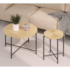 Nebula Pattern 2-Piece Coffee and End Table Set – Waterproof MDF with PVC Cover, Distressed Cylindrical Design, Black Metal Legs – Classic Rustic Charm, Technical Wood