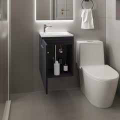 Crest Floating, Wide One-Door Cabinet Vanity, With Resin Sink And One Shelf, Bathroom Storage, Black