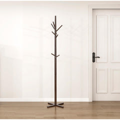 Dark Brown Finish Modern Coat Rack Solid Wood, 9 Hooks Coat Hanger Stand Entryway Home Furniture 1pc