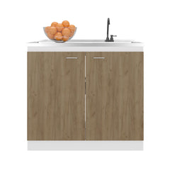 Pulsar Utility Sink with Faucet Inclued and Integrated Stainless Steel Counter top, Freestanding cabinet with two doors, Metal Handles and Two interior shelves, Natural+White