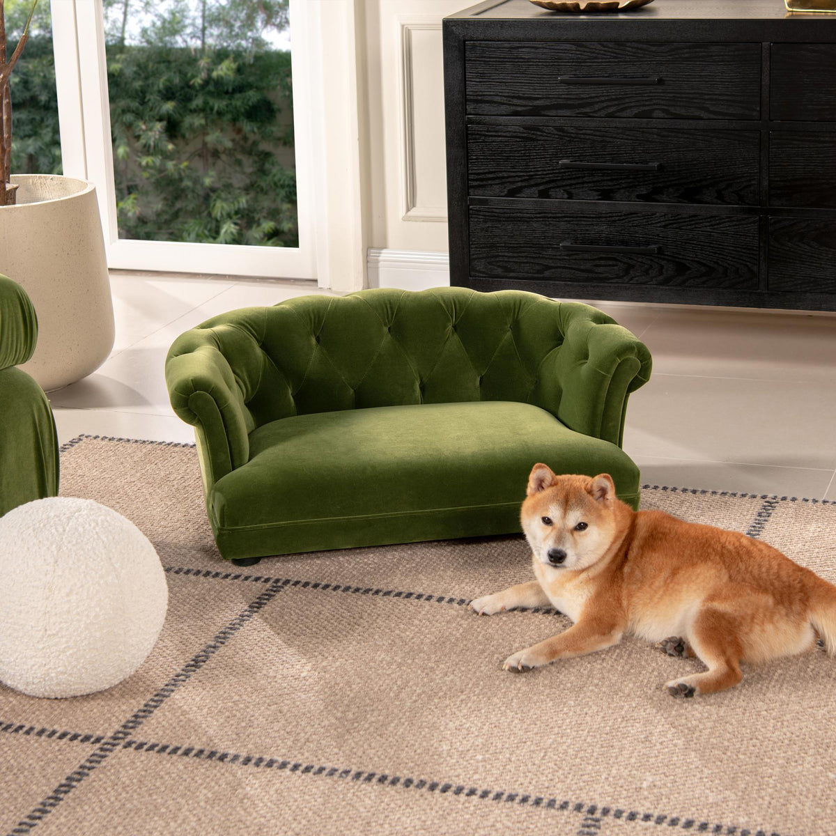 Apollo 36.5" Chesterfield Dog Sofa Bed, Medium, Olive Green Performance Velvet