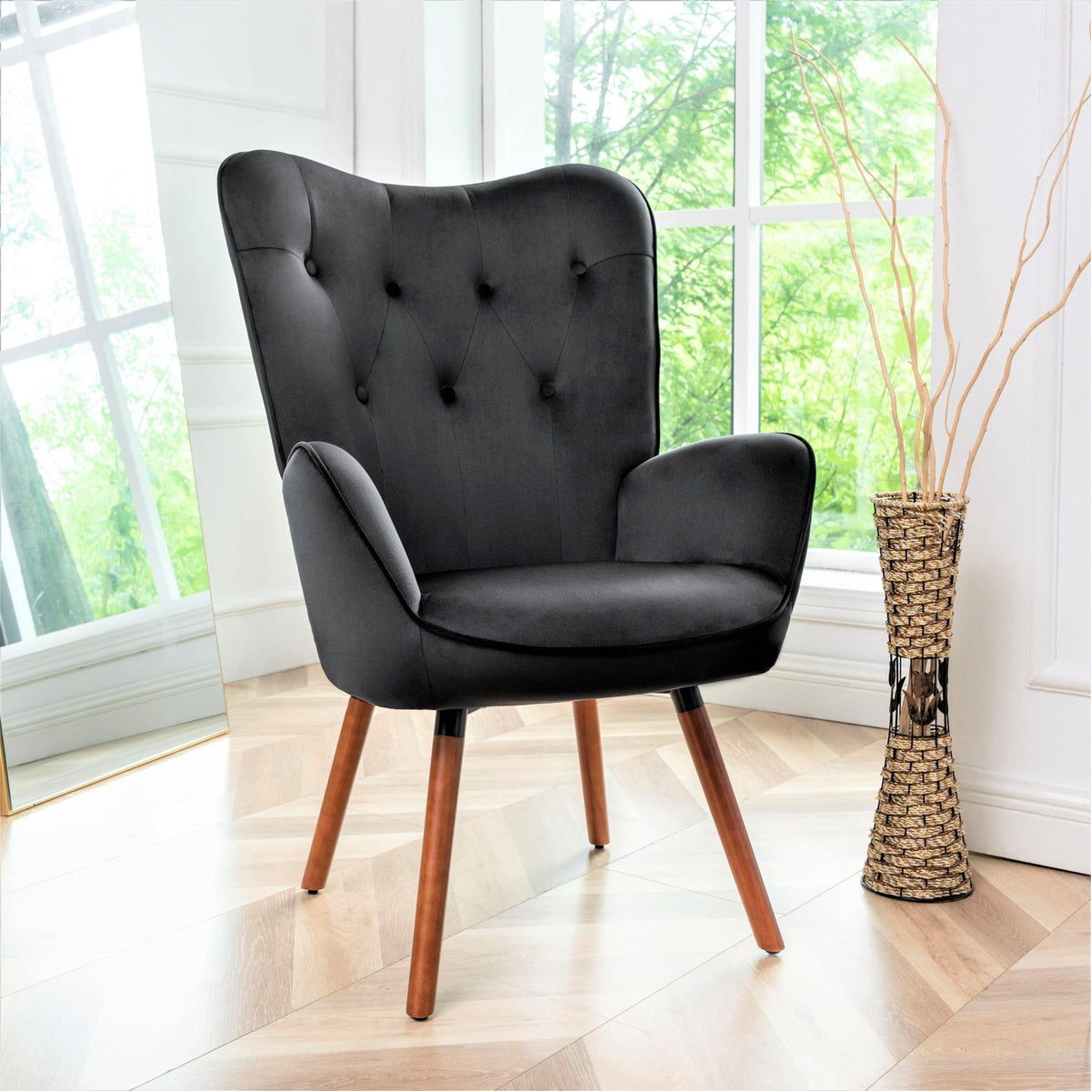 Mid-Century Modern Wingback Accent Chair, Button-Tufted Polyester Fabric Armchair with Solid Wood Splayed Legs for Living Room Bedroom Home Office