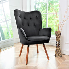 Mid-Century Modern Wingback Accent Chair, Button-Tufted Polyester Fabric Armchair with Solid Wood Splayed Legs for Living Room Bedroom Home Office