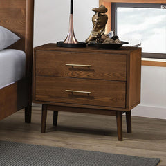 Fable 1pc Nightstand Solid wood Bedside Table Nickle Bar Pulls 2-Drawers Round Tapered Legs Bedroom Modern Style