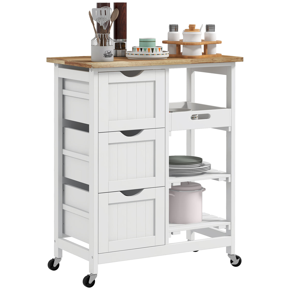 Rolling Kitchen Cart, Kitchen Island with Wood Top, Shelves & Drawers for Dining Area, White