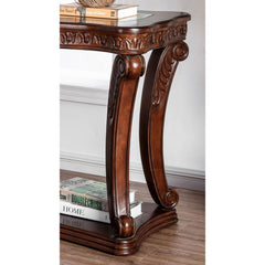 Sofa Table Dark Oak Finish Traditional Style 5mm Tempered Glass Top Cabriole Glass Ornate Carved Detail