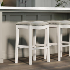 Story Bar-Height Backless Wood Narrow Saddle-Seat Barstool with Nailhead Trim, Farmhouse Whitewash with Gray Upholstered Seat, 1PC