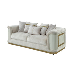 Asgard Contemporary Style Sofa with rich beige color fabric, gold-accented framing, and distinctive diamond-pattern panels