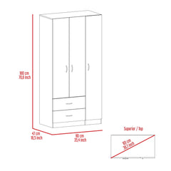 Crown 3 Door Armoire with Two Drawers, Shelves, and Hanging Rod - Smokey Oak . White