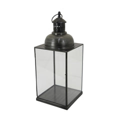 Helen Lantern, Black Metal, Glass Panels, Square Base, 18 Inch Tall