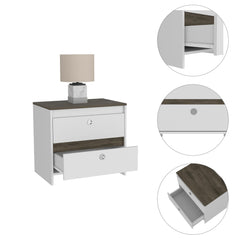 Story Nightstand , Superior Top, One Open Shelf, One Drawer, Four Legs -Smokey Oak / White