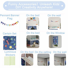 Agamemnon Metal Junior House Twin Loft Bed with Slide and Curtain Set and Pennant Banner Flag and Star Stickers, White with Blue