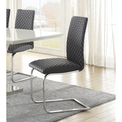 Quasar Contemporary Style Side Chairs Set of 2, Gray Faux Leather Diamond Pattern Stitching Chrome Metal Finish Dining Room Furniture