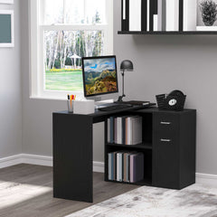 L Shaped Computer Desk, 180° Rotating Corner Desk with Storage Shelves, Drawer and Cabinet, Study Workstation for Home Office, Black