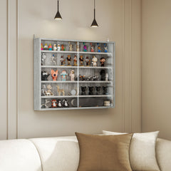 5-Tier Display Cabinet, Wall-Mounted Display Case with 2 Glass Doors and Adjustable Shelves, Gray