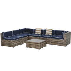 7-Piece Outdoor Wicker Patio Sofa Set, Modern Rattan Conversation Furniture Set with Cushions, and Tea Table, Blue