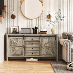 59" Buffet Cabinet, Farmhouse Sideboard with Thick Top, 2 Barn Doors, 4 Drawers and 2 Adjustable Shelves, Gray Wash