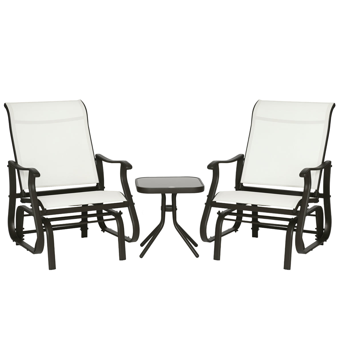 3-Piece Outdoor Gliders Set Bistro Set with Steel Frame, Tempered Glass Top Table for Patio, Garden, Backyard, Lawn, Cream White
