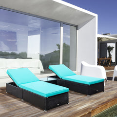 Chaise Lounge Chair Set of 2 with 5 Angle Backrest, Outdoor Coffee Table, Water Repellent Cushions, PE Rattan Wicker Poolside Chairs, 3-Piece Pool Furniture Set, Dark Brown/Turquoise
