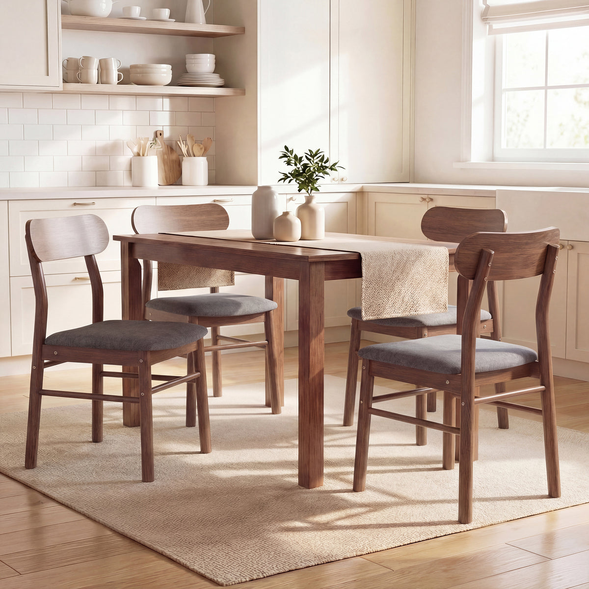 Set of 4 Dining Chairs, Upholstered Dining Room Chairs with Rubberwood Legs and Padded Seat for Kitchen, Gray