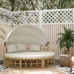 Patio Furniture Set, Round Outdoor Daybed with Retractable Canopy, Hollow Wicker PE Rattan Sectional Sofa with Washable Couch Cushions for Pool, Lawn, Cream White