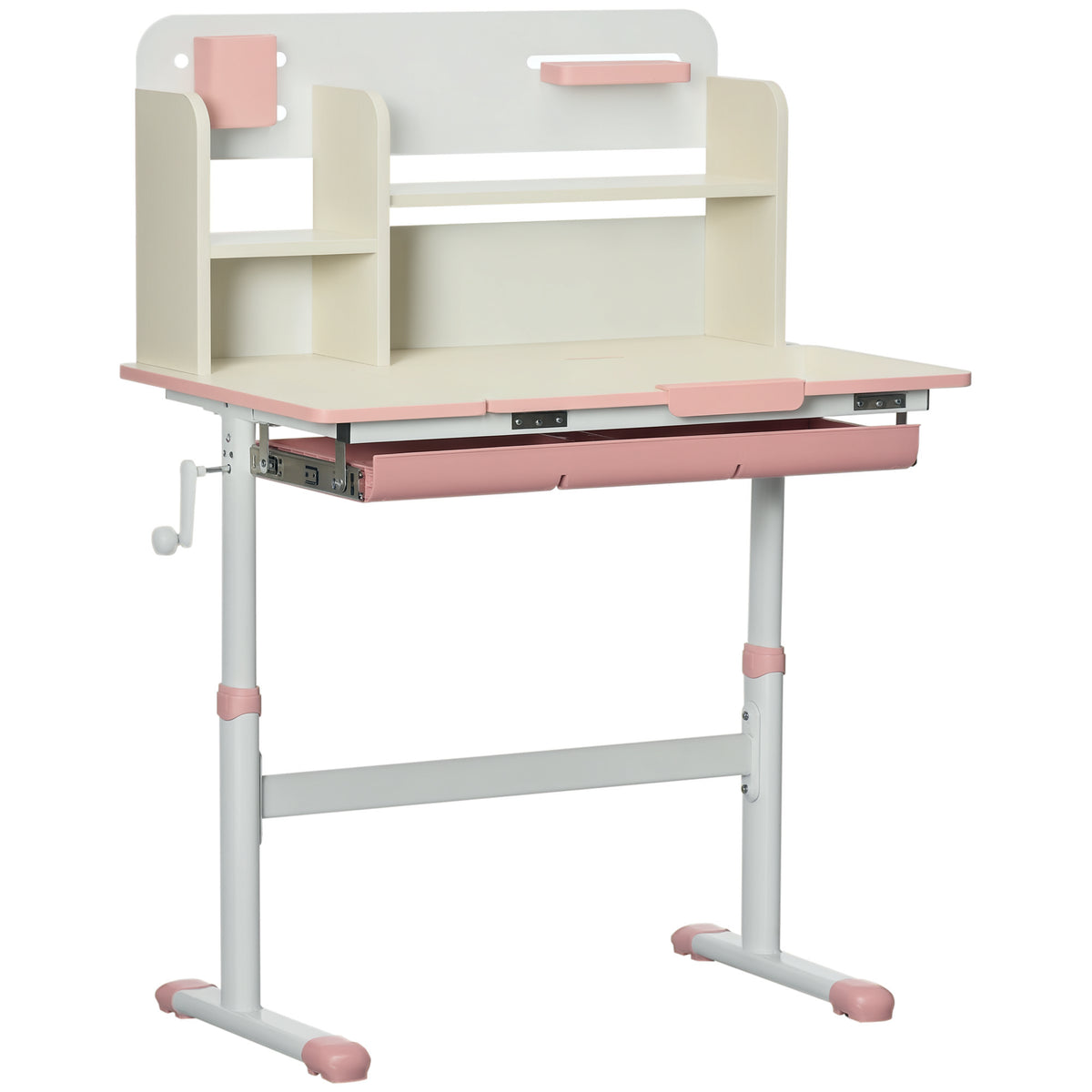 Qaba Wooden Kids Study Desk, Height Adjustable Children School Study Table, Student Writing Desk with Tilt Desktop, Drawer, Storage Shelf, Pen Holder, Pink
