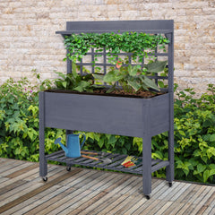 41" Raised Garden Bed Mobile Elevated Wooden Planter Box Stand with Wheels, Trellis and Storage Shelf, Gray