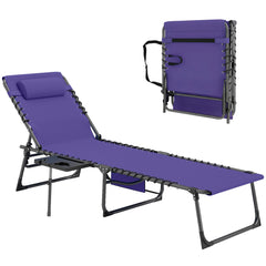 Folding Outdoor Chaise Lounge Chair Tanning Chair with 5-Level Adjustable Back, Side Table, Pillow, Pocket, Purple