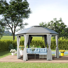 12' x 12' Round Outdoor Gazebo, Patio Dome Gazebo Canopy Shelter with Double Roof, Netting Sidewalls and Curtains, Zippered Doors, Strong Steel Frame, Grey