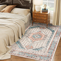 5x7 Area Rug, Vintage Machine Washable Rug, Non-Slip Floor Carpet for Living Room, Bedroom, Dining Room, Brown and Blue