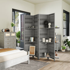 4 Panel 67" Tall Wood Privacy Screen Room Divider with 3 Shelves and Folding Storage for Bedroom, Gray