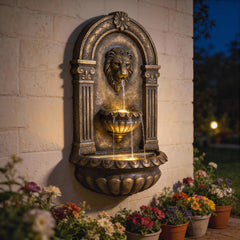 31" Wall-Mounted Outdoor Fountain, 3-Tier Cascading Waterfall Feature with LED Lights and Adjustable Flow, Bronze