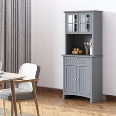 Elegant Buffet with Hutch, Kitchen Pantry Storage Cabinet with Framed Glass Door Drawer and Microwave Space, Gray