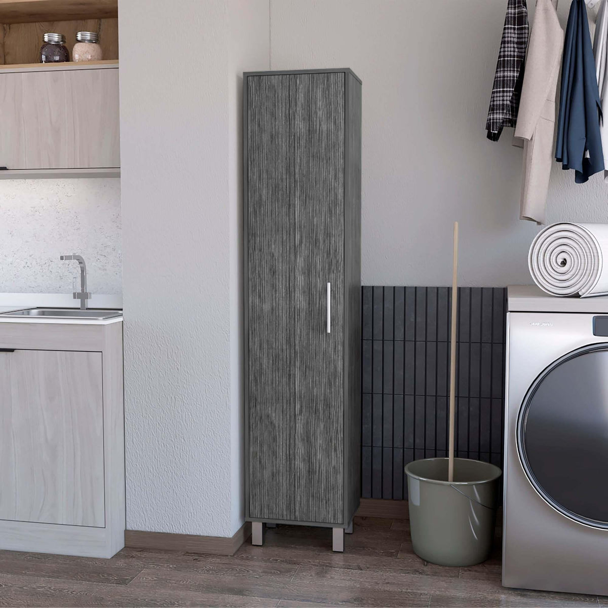 Apex Oak 3 Broom Hangers Tall Storage Cabinet