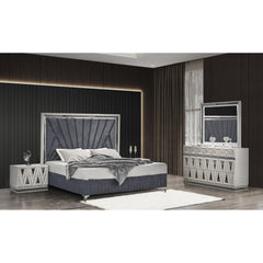 Vista Modern & Contemporary Style 4 Pc Queen Upholstered Bedroom Set Made with Wood and Gold Accents in River Sand Grey
