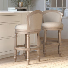 31" Wood Barrel-Back Bar Stool with Swivel and Upholstered Seat and Back, Uptown Gray with Beige Seat and Back, 1PC
