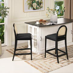 Neptune 26.5" Curved Back Cane Rattan Counter Stool, Set of 2, Ebony Black Boucle