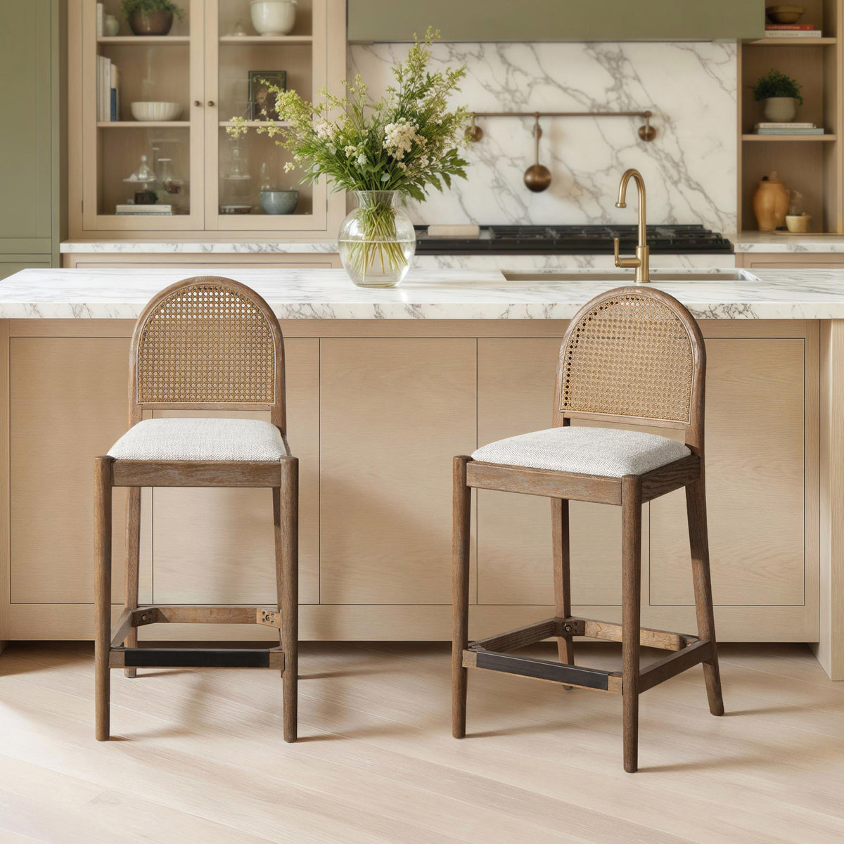 Neptune 26.5" Curved Back Cane Rattan Counter Stool, Set of 2, Two-Tone Neutral Gray Polyester Wool Blend